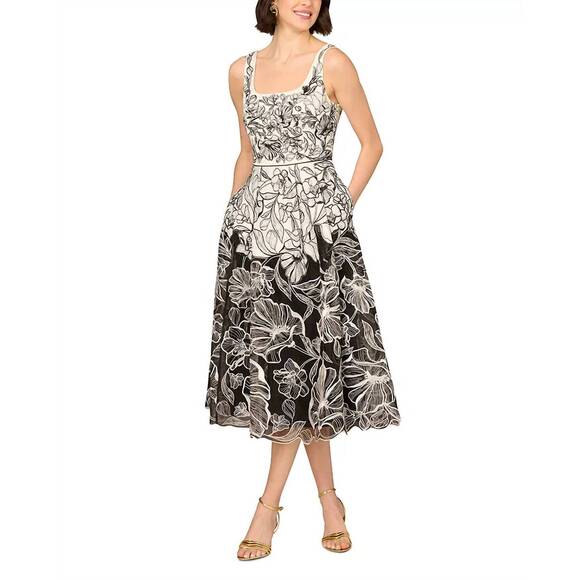 NEW ADRIANNA PAPELL embroidered organza midi dress in back/ white